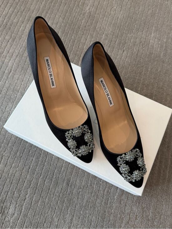 Manolo Blahnik Shoes - Manolo Blahnik Black Satin Hangisi Crystal-Embellished Pump